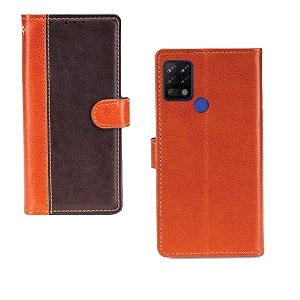 inktree tecno pova case  premium leather finish  with card pockets  wallet stand complete protection cover for tecno pova - camel and coffee