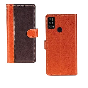 inktree tecno spark 6 air case  premium leather finish  with card pockets  wallet stand complete protection cover for tecno spark 6 air - camel and coffee
