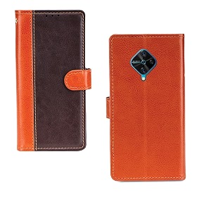 inktree vivo s1 pro case  premium leather finish  with card pockets  wallet stand complete protection cover for vivo s1 pro - camel and coffee
