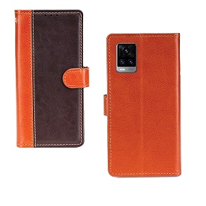 inktree vivo v20 case  premium leather finish  with card pockets  wallet stand complete protection cover for vivo v20 - camel and coffee