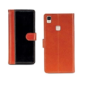 inktree vivo v3 max case  premium leather finish  with card pockets  wallet stand complete protection cover for vivo v3 max - camel and black