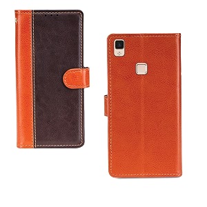 inktree vivo v3 max case  premium leather finish  with card pockets  wallet stand complete protection cover for vivo v3 max - camel and coffee