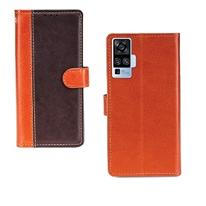 inktree vivo x50 pro case  premium leather finish  with card pockets  wallet stand complete protection cover for vivo x50 pro - camel and coffee