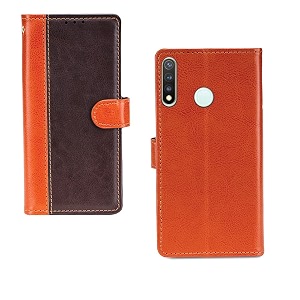 inktree vivo y19 case  premium leather finish  with card pockets  wallet stand complete protection cover for vivo y19 - camel and coffee