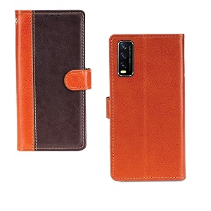 inktree vivo y20g case  premium leather finish  with card pockets  wallet stand complete protection cover for vivo y20g - camel and coffee