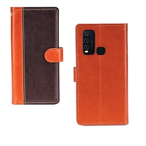 inktree vivo y30 pu leather vintage flip cover case  premium leather finish  with card pockets  wallet stand complete protection cover for vivo y30 - camel and coffee