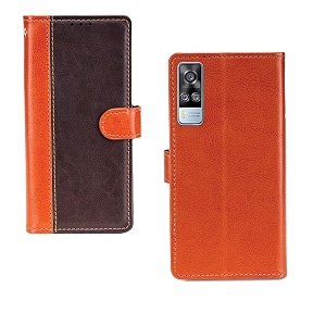 inktree vivo y51 2020 case  premium leather finish  with card pockets  wallet stand complete protection cover for vivo y51 2020 - camel and coffee