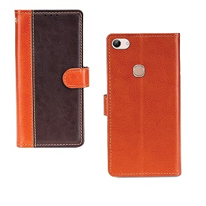 inktree vivo y83 case  premium leather finish  with card pockets  wallet stand complete protection cover for vivo y83 - camel and coffee