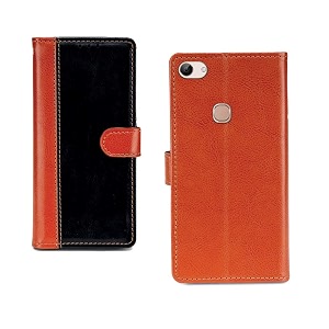 inktree vivo y83 pu leather vintage flip cover case  premium leather finish  with card pockets  wallet stand complete protection cover for vivo y83 - camel and black
