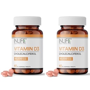 inlife vitamin d3 60000 iu chewable tablets  cholecalciferol supplement for men and women - 40 tablets once a week x pack of 2