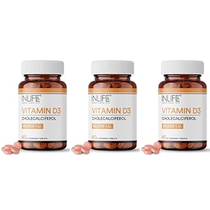 inlife vitamin d3 60000 iu chewable tablets  cholecalciferol supplement for men and women - 40 tablets once a week x pack of 3