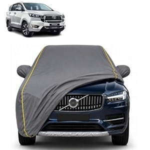 innova crysta 100 waterproof car cover  dustproof sun protection cover  soft cotton lining  triple stitched  mirror pocket  antenna pocket  all weather body cover grey with yellow piping