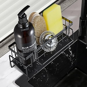 inovera label sponge holder for kitchen sink - dish soap brush holding rack stand - sinks organizer caddy - 23l x 9b x 10h cm black metal