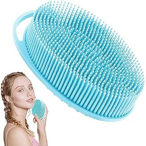 inovera label silicone bathing scrubber - exfoliating cleaning bath brush  soft body wash shower brushes light blue