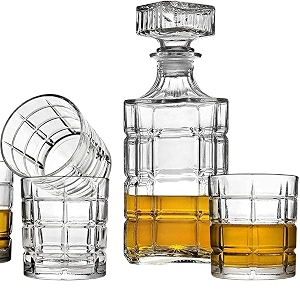 inovique checker crystal liquor decanter bottle 850ml with matching whiskey glasses 300ml  set of 7 pcs  decanter for whiskey wine bourbon and more