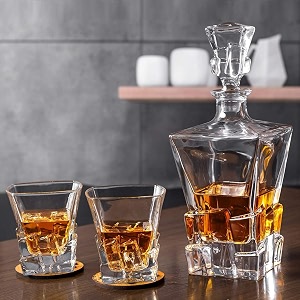 inovique iceburg crystal liquor decanter bottle 850ml with matching whiskey glasses 300ml  set of 7 pcs  decanter for whiskey wine bourbon and more