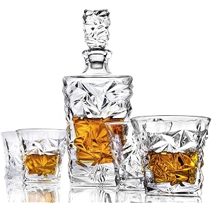 solitaire crystal liquor decanter bottle 850ml with matching whiskey glasses 300ml  set of 7 pcs  decanter for whiskey wine bourbon and more