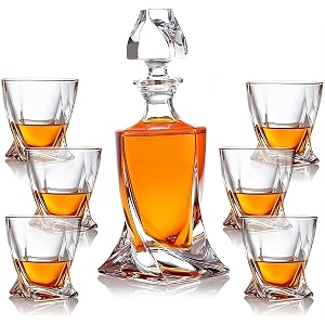 inovique twisted crystal liquor decanter bottle 850ml with matching whiskey glasses 300ml  set of 7 pcs  decanter for whiskey wine bourbon and more