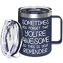 Inspirational Coffee Mug for Men, 12oz Insulated Stainless Steel Mug with Handle &amp; 2 Lids – Sometimes You Forget You’re Awesome, Birthday &amp; Appreciation Gift for Dad, Husband, Him, Navy Blue