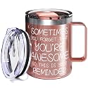 Inspirational Coffee Mug for Women, 12oz Insulated Stainless Steel Mug with Handle &amp; 2 Lids – Sometimes You Forget You’re Awesome, Birthday &amp; Appreciation Gift for Mom, Friend, Rose Gold