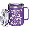 Inspirational Coffee Mug for Women, 12oz Insulated Stainless Steel Mug with Handle &amp; 2 Lids – Sometimes You Forget You’re Awesome, Birthday &amp; Appreciation Gift for Friend, Coworker, Purple