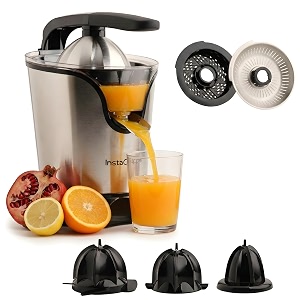 instacuppa citrus juicer electric for busy moms quiet copper dc motor juice machine 3 cone sizes effortless ergonomic handle bpa-free easy to clean 1-year warranty 180 watts