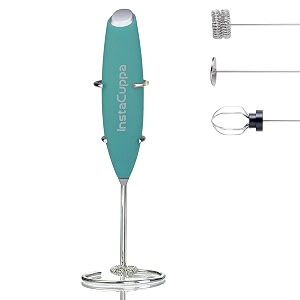 instacuppa milk frother handheld battery operated electric foam maker with stainless steel whisk and stand includedmint green