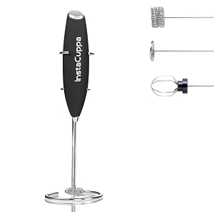 instacuppa milk frother for coffee - handheld battery-operated electric milk and coffee frother stainless steel whisk and stand portable foam maker for coffee cappuccino lattes and egg beaters
