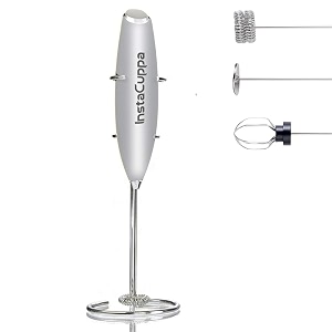 instacuppa milk frother handheld battery operated electric foam maker with stainless steel whisk and stand includedsilver