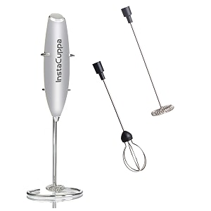 instacuppa milk frother handheld battery operated electric foam maker with stainless steel whiskincluded stainless steel stand and 2 whiskssilver