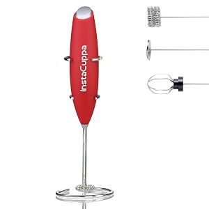 instacuppa milk frother handheld battery operated electric foam maker with stainless steel whisk and stand includedred