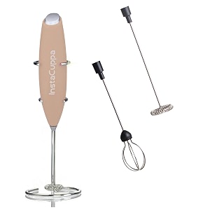 instacuppa milk frother handheld battery operated electric foam maker with stainless steel whiskincluded stainless steel stand and 2 whisksrose gold