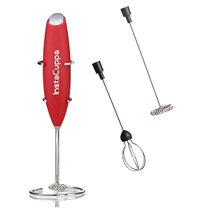 instacuppa milk frother handheld battery operated electric foam maker with stainless steel whiskincluded stainless steel stand and 2 whisks red
