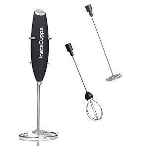 instacuppa milk frother handheld battery operated electric foam maker with stainless steel whiskincluded stainless steel stand and 2 whisksblack