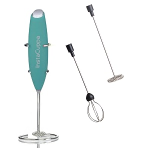 instacuppa milk frother handheld battery operated electric foam maker with stainless steel whiskincluded stainless steel stand and 2 whisks mintgreen