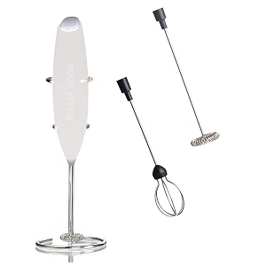 instacuppa milk frother handheld battery operated electric foam maker with stainless steel whiskincluded stainless steel stand and 2 whiskswhite