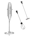 InstaCuppa Milk Frother Handheld Battery Operated Electric Foam Maker with Stainless Steel Whisk,Included Stainless Steel Stand and 2 Whisks,Silver