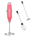 InstaCuppa Milk Frother Handheld Battery Operated Electric Foam Maker with Stainless Steel Whisk,Included Stainless Steel Stand and 2 Whisks, Pink