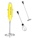 InstaCuppa Milk Frother Handheld Battery Operated Electric Foam Maker with Stainless Steel Whisk,Included Stainless Steel Stand and 2 Whisks,Yellow