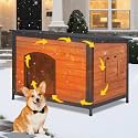 Insulated Outdoor Wooden Dog House, Weatherproof Chew Resistant Metal Frame