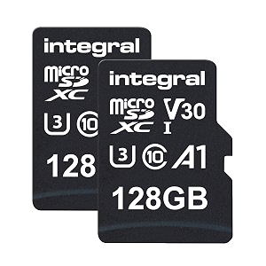 integral 128gb twin pack microsd memory card premium high speed 4k video- up to 100mbs read 50mbs write uhs-i u3 v30 class 10 a1 app performance - smartphones tablets drones game consoles