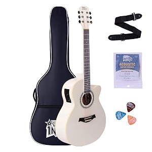 intern 40-inch acoustic cutaway guitar with built-in pickup amp 4-band eq truss rod premium wooden body steel strings gig bag strap extra strings amp picks for beginners students amp adults white