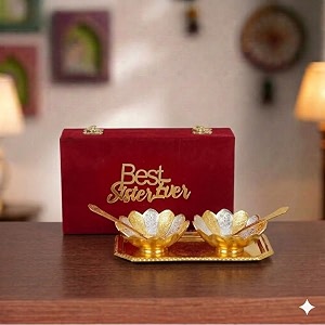 international gift german gold lotus bowl spoon tray or carry bag with raksha bandhan tag  german silver plated metal suitable for gifting serving home d cor and pooja