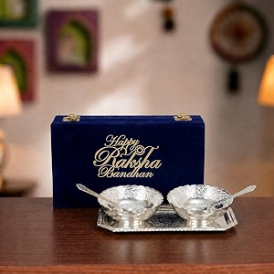 international gift german silver designer bowl spoon tray or carry bag with happy raksha bandhan tag with luxury velvet box packing used for dry fruit sweets snacks and return gifts
