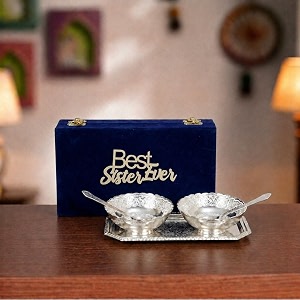 international gift german silver designer bowl spoon tray or carry bag with best sister ever tag with luxury velvet box packing used for dry fruit sweets snacks and return gifts