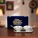 INTERNATIONAL GIFT German Silver Designer Bowl Spoon Tray Or Carry Bag with Happy Raksha Bandhan Tag with Luxury Velvet Box Packing Used for Dry Fruit, Sweets, Snacks and Return Gifts