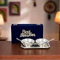INTERNATIONAL GIFT German Silver Designer Bowl Spoon Tray Or Carry Bag with Best Sister Ever Tag with Luxury Velvet Box Packing Used for Dry Fruit, Sweets, Snacks and Return Gifts