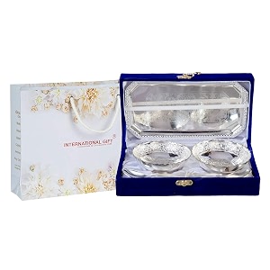 international gift german silver handwork bowl spoon tray or carry bag with happy raksha bandhan customized box with luxury velvet box packing used for dry fruit sweets snacks and return gifts
