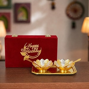 international gift german silver lotus bowl spoon tray or carry bag with happy birthday customized box with luxury velvet box packing used for dry fruit sweets snacks and return gifts