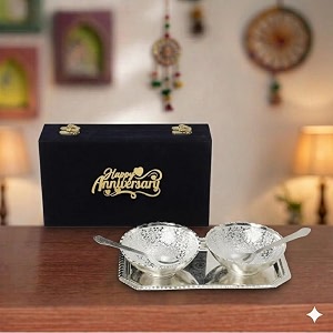 international gift german silver plated lotus bowl spoon tray or carry bag with happy anniversary tag  german silver plated metal suitable for gifting serving home d cor and pooja